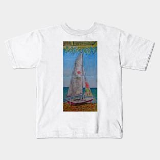 Watercolor Sketch - a Sailboat on a Beach in Sicily Kids T-Shirt